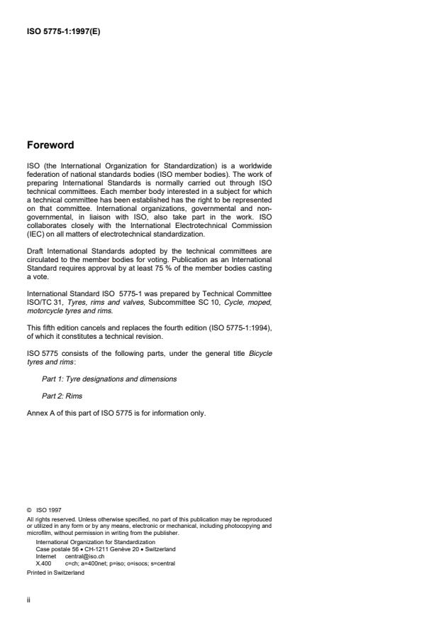 ISO 5775-1:1997 ISO 5775-1:1997 - Bicycle tyres and rims - Page 2 preview