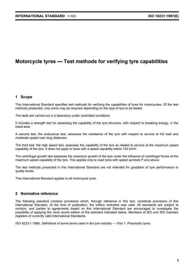 ISO 10231:1997 - Motorcycle tyres -- Test methods for verifying tyre capabilities