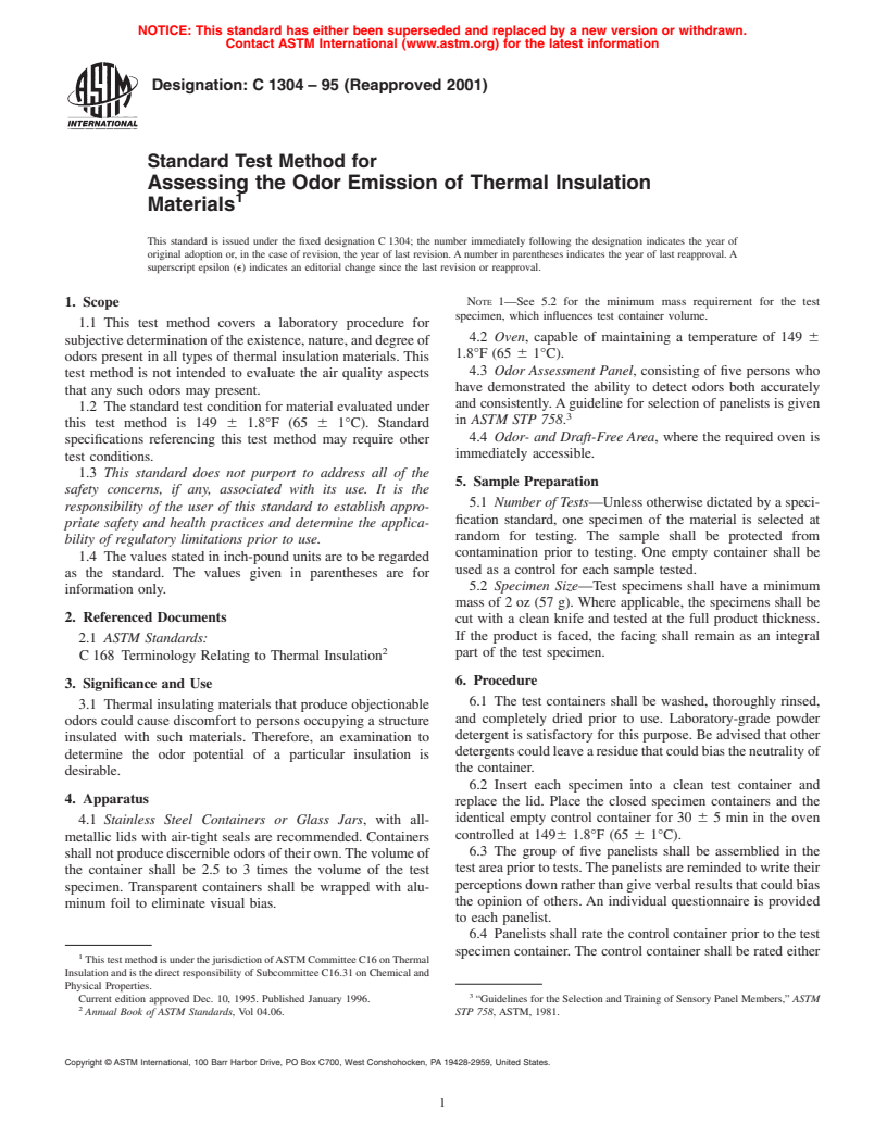 ASTM C1304-95(2001) - Standard Test Method for Assessing the Odor Emission of Thermal Insulation Materials