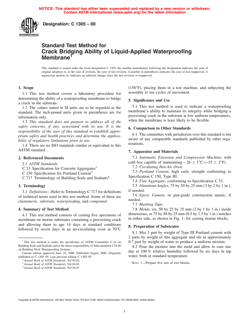 ASTM C1305-00 - Standard Test Method for Crack Bridging Ability of Liquid-Applied Waterproofing Membrane