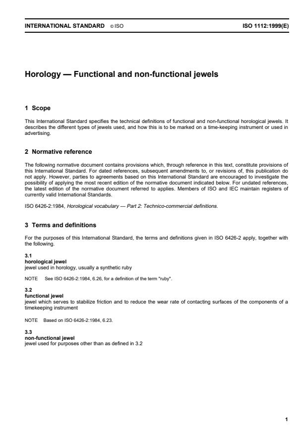 ISO 1112:1999 - Horology -- Functional and non-functional jewels