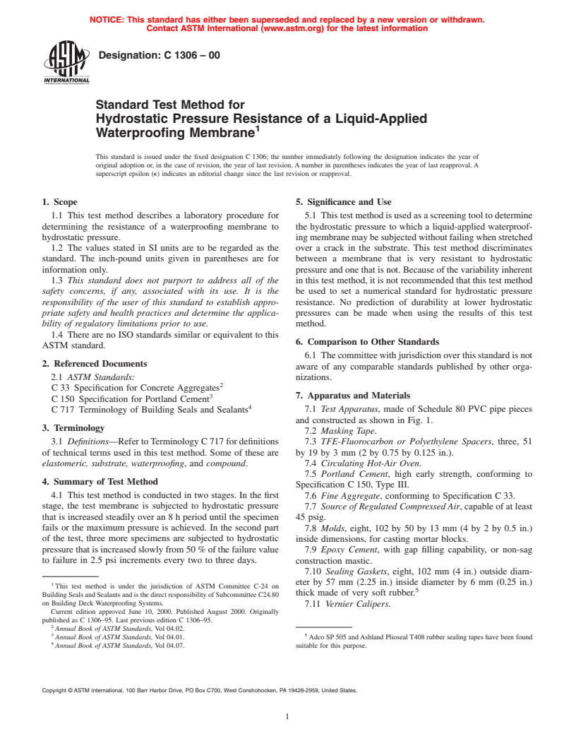 ASTM C1306-00 - Standard Test Method for Hydrostatic Pressure Resistance of a Liquid-Applied Waterproofing Membrane