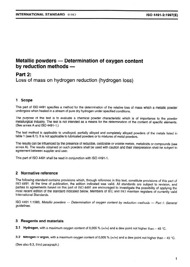 ISO 4491-2:1997 - Metallic powders -- Determination of oxygen content by reduction methods