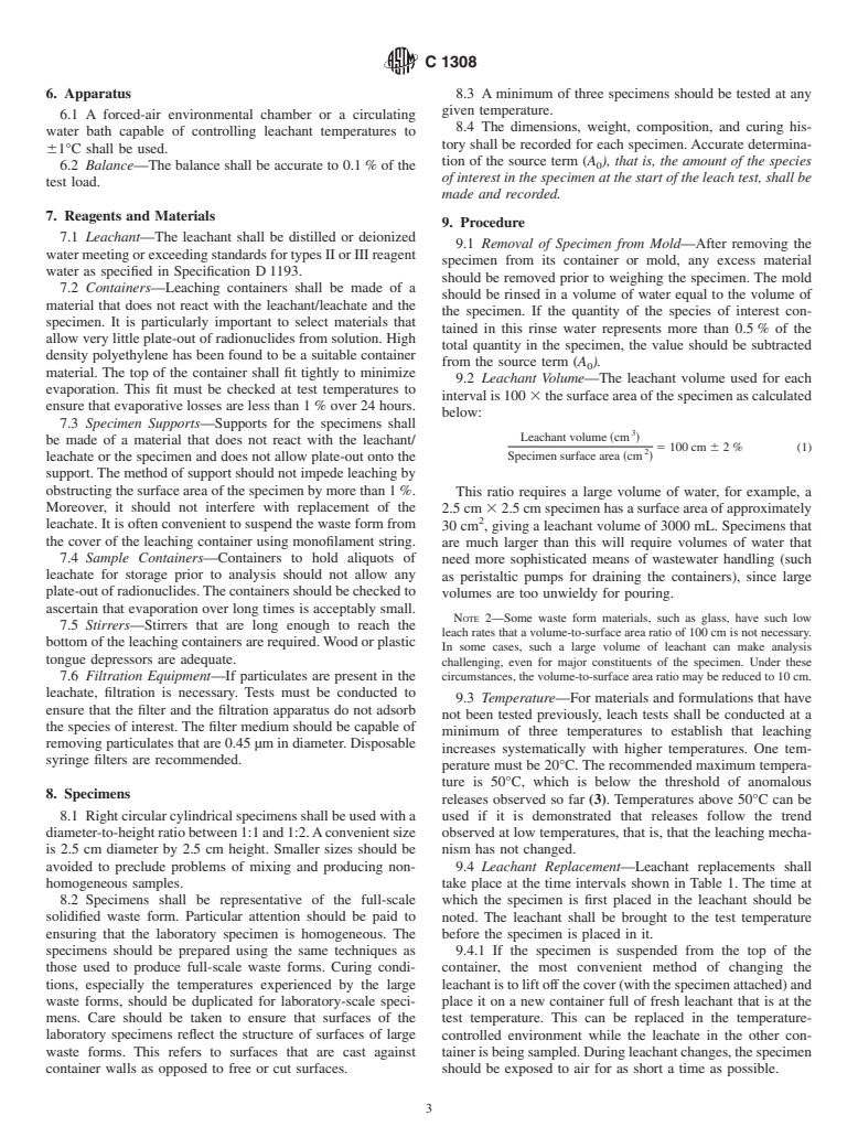 ASTM C1308-95(2001) - Standard Test Method for Accelerated Leach Test for Diffusive Releases from Solidified Waste and a Computer Program to Model Diffusive, Fractional Leaching from Cylindrical Waste Forms