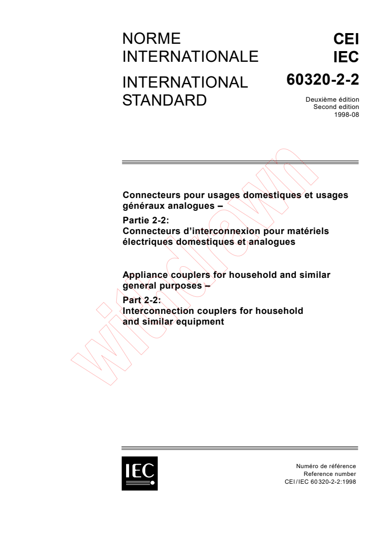 IEC 60320-2-2:1998 - Appliance couplers for household and similar general purposes -  Part 2-2: Interconnection couplers for household and similar equipment
Released:8/28/1998
Isbn:2831844894