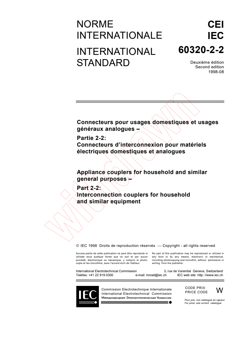 IEC 60320-2-2:1998 - Appliance couplers for household and similar general purposes -  Part 2-2: Interconnection couplers for household and similar equipment
Released:8/28/1998
Isbn:2831844894