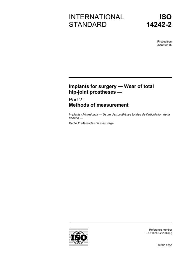 ISO 14242-2:2000 - Implants for surgery -- Wear of total hip-joint prostheses