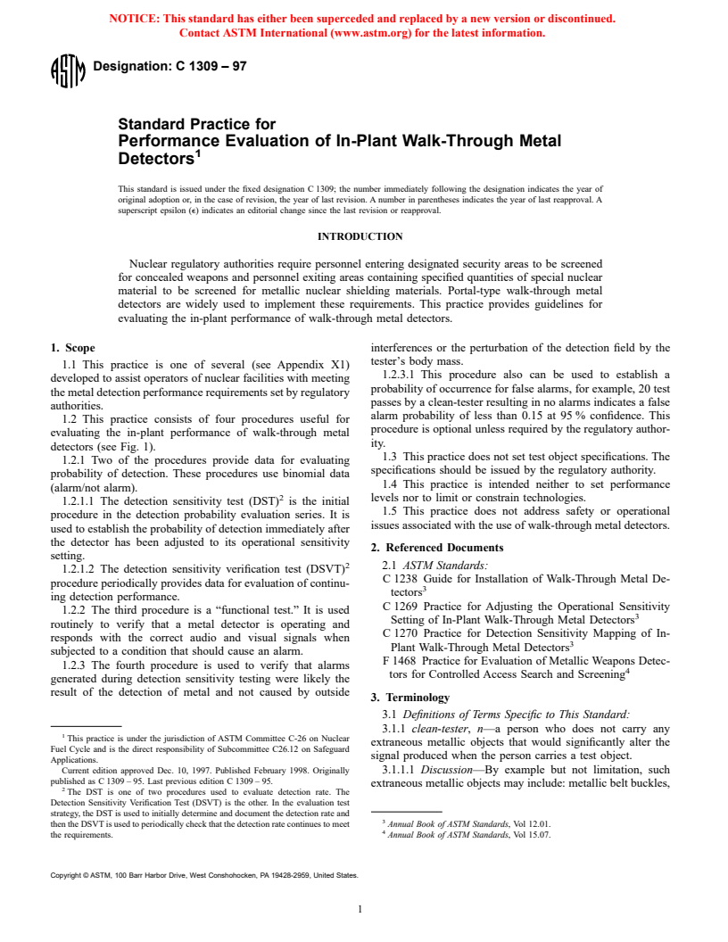 ASTM C1309-97 - Standard Practice for Performance Evaluation of In-Plant Walk-Through Metal Detectors