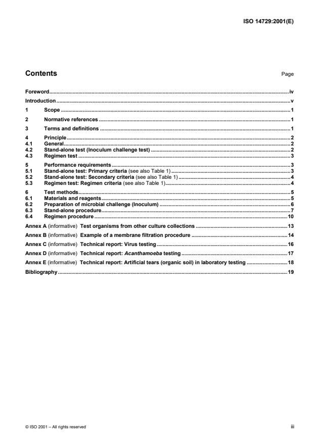 ISO 14729:2001 - Ophthalmic optics -- Contact lens care products -- Microbiological requirements and test methods for products and regimens for hygienic management of contact lenses