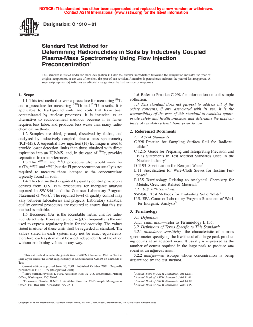 ASTM C1310-01 - Standard Test Method for Determining Radionuclides in Soils by Inductively Coupled Plasma-Mass Spectrometry Using Flow Injection Preconcentration