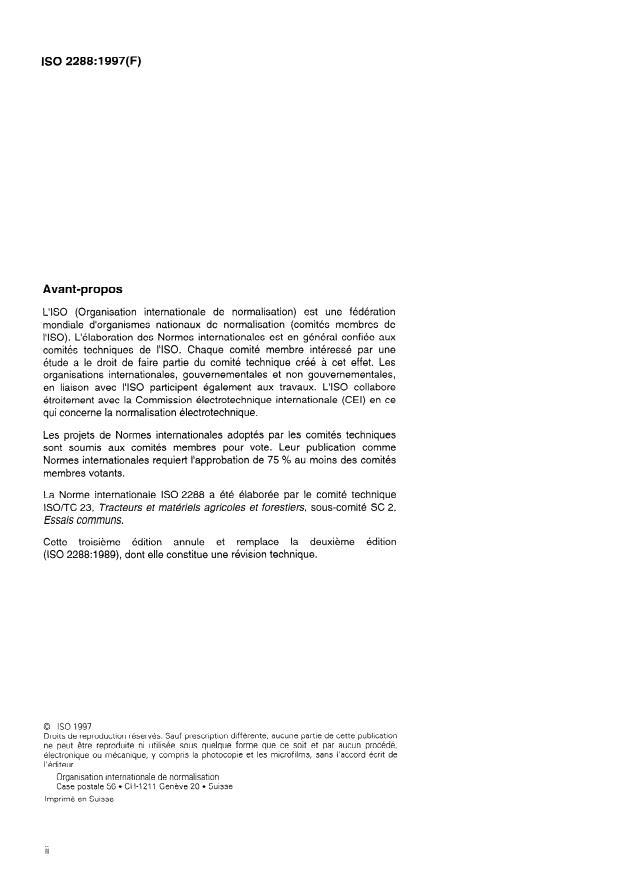 ISO 2288:1997 ISO 2288:1997 - Tracteurs et machines agricoles -- Code d'essai des moteurs -- Puissance nette - Page 2 preview