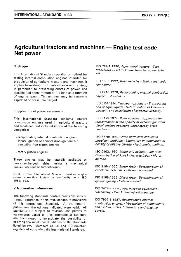 ISO 2288:1997 - Agricultural tractors and machines -- Engine test code -- Net power