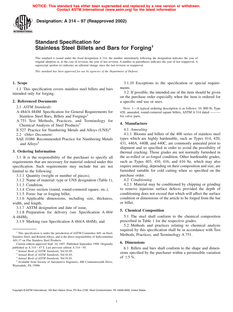 ASTM A314-97(2002) - Standard Specification for Stainless Steel Billets and Bars for Forging