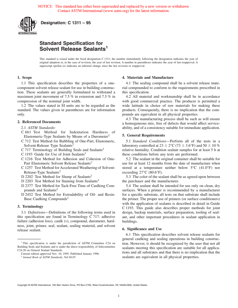 ASTM C1311-95 - Standard Specification for Solvent Release Sealants