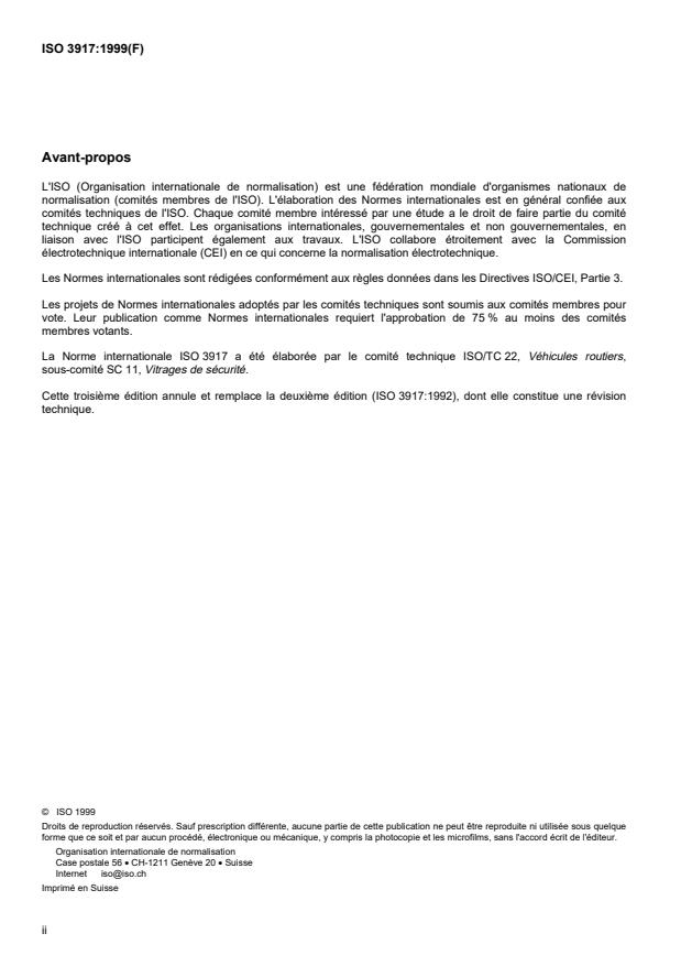 ISO 3917:1999 ISO 3917:1999 - Véhicules routiers -- Vitrages de sécurité -- Méthodes d'essai de résistance au rayonnement, aux températures élevées, a l'humidité, au feu et aux conditions climatiques simulées - Page 2 preview