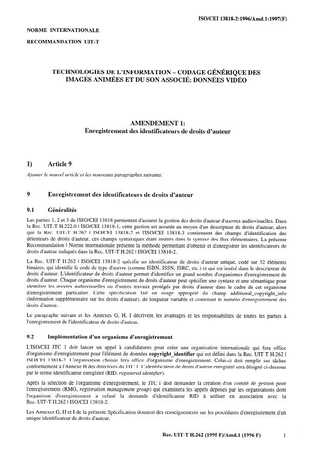 ISO/IEC 13818-2:1996/Amd 1:1997 - Enregistrement des identificateurs de droits d'auteur