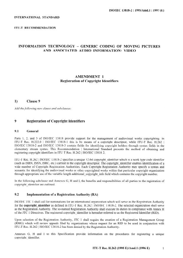 ISO/IEC 13818-2:1996/Amd 1:1997 - Registration of Copyright Identifiers
