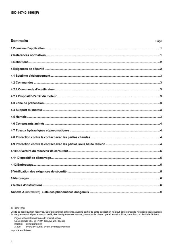 ISO 14740:1998 ISO 14740:1998 - Matériel forestier -- Sources motrices portées a dos utilisées pour entraîner les débrouissailleuses, les coupe-herbe, les scies a perche et autres appareils similaires -- Exigences de sécurité et essais - Page 2 preview