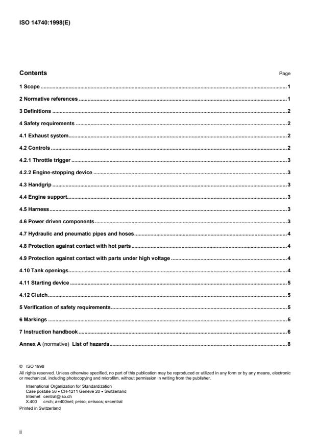 ISO 14740:1998 ISO 14740:1998 - Forest machinery -- Backpack power units for brush-cutters, grass-trimmers, pole-cutters and similar appliances -- Safety requirements and testing - Page 2 preview
