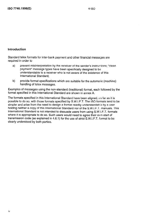 ISO 7746:1998 ISO 7746:1998 - Banking -- Telex formats for inter-bank messages - Page 4 preview