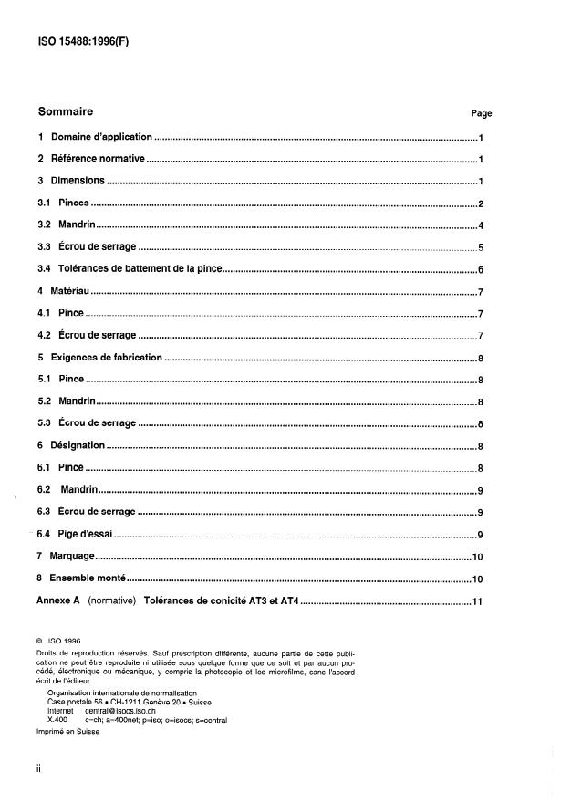ISO 15488:1996 ISO 15488:1996 - Pinces de serrage avec angle de réglage de 8 degrés pour queues d'outil -- Pinces, écrous de serrage et dimensions d'assemblage - Page 2 preview