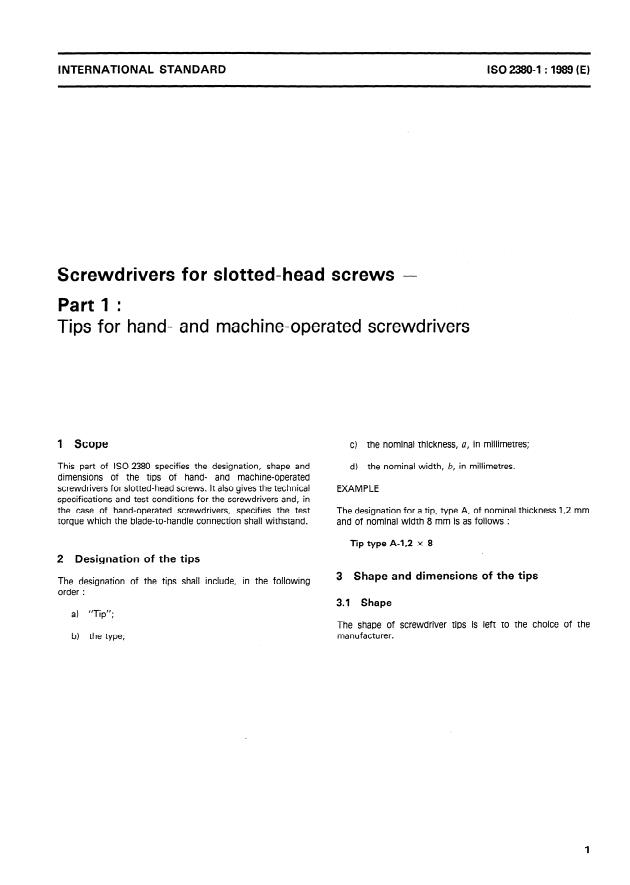 ISO 2380-1:1997 - Assembly tools for screws and nuts -- Screwdrivers for slotted-head screws