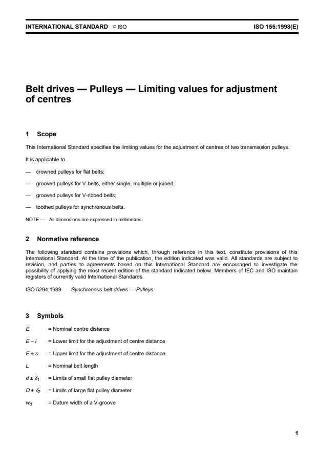 ISO 155:1998 - Belt drives -- Pulleys -- Limiting values for adjustment of centres