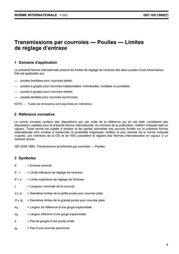 ISO 155:1998 - Transmissions par courroies -- Poulies -- Limites de réglage d'entraxe