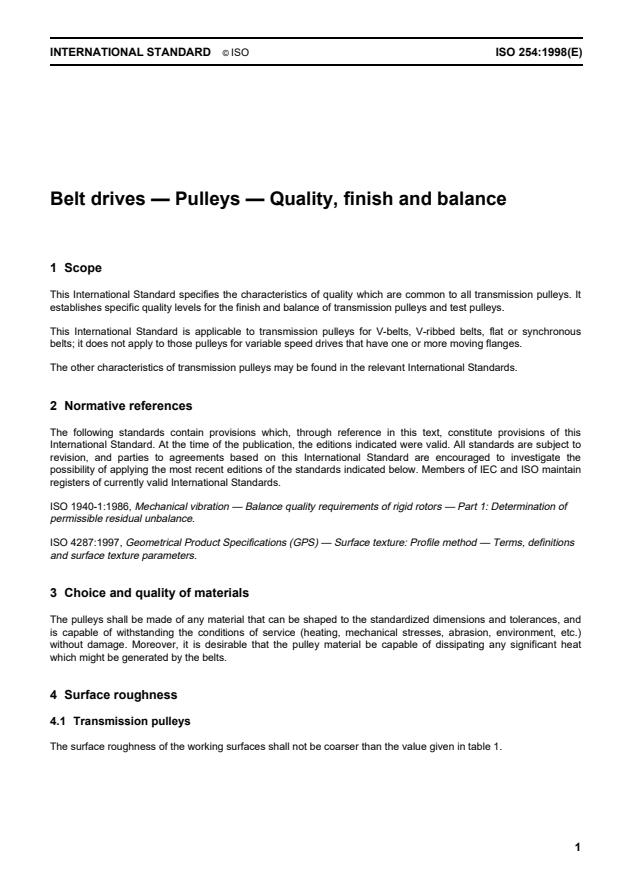 ISO 254:1998 - Belt drives -- Pulleys -- Quality, finish and balance