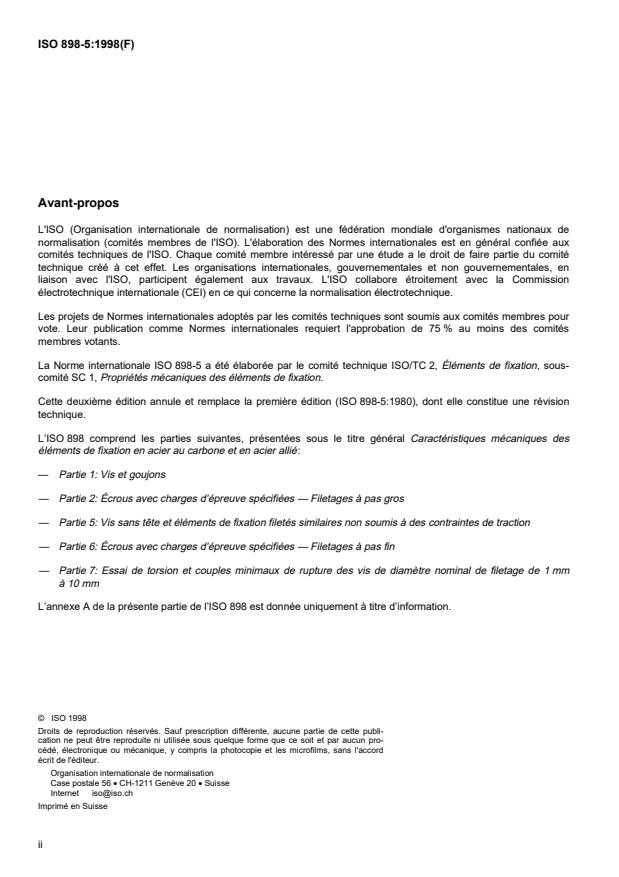 ISO 898-5:1998 ISO 898-5:1998 - Caractéristiques mécaniques des éléments de fixation en acier au carbone et en acier allié - Page 2 preview