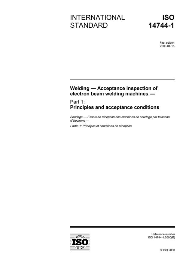 ISO 14744-1:2000 - Welding -- Acceptance inspection of electron beam welding machines