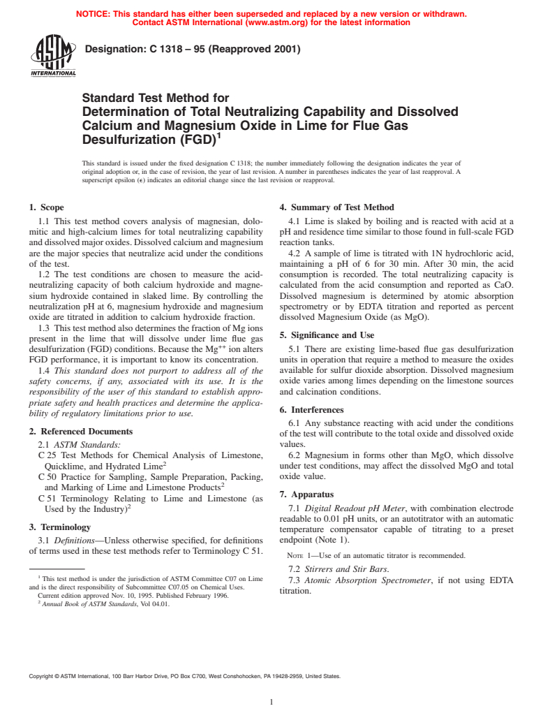 ASTM C1318-95(2001) - Standard Test Method for Determination of Total Neutralizing Capability and Dissolved Calcium and Magnesium Oxide in Lime for Flue Gas Desulfurization (FGD)