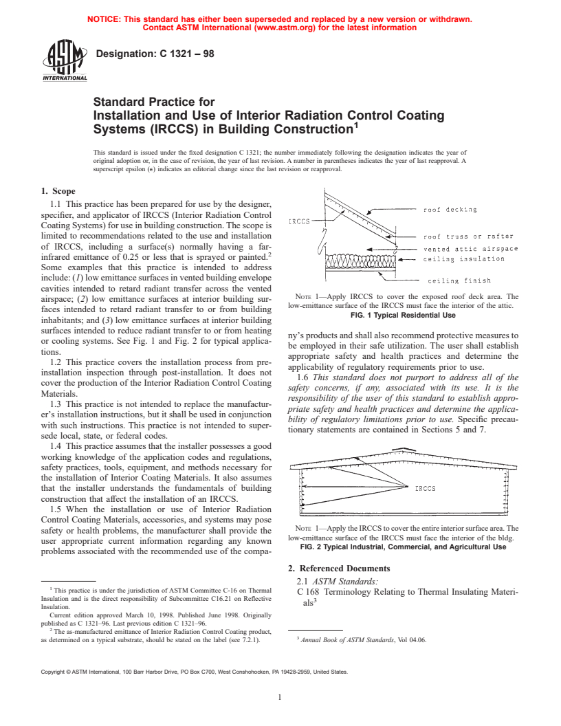 ASTM C1321-98 - Standard Practice for Installation and Use of Interior Radiation Control Coating Systems (IRCCS) in Building Construction