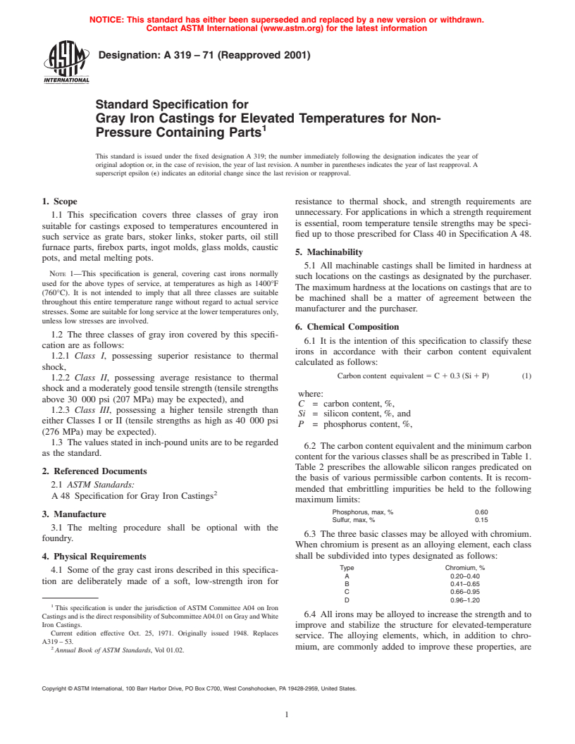 ASTM A319-71(2001) - Standard Specification for Gray Iron Castings for Elevated Temperatures for Non-Pressure Containing Parts