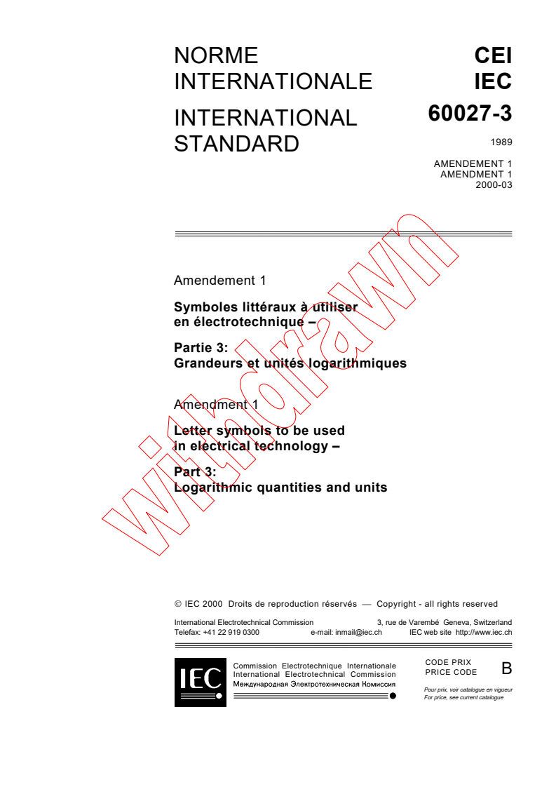 IEC 60027-3:1989/AMD1:2000 - Amendment 1 - Letter symbols to be used in electrical technology - Part 3: Logarithmic quantities and units
Released:3/10/2000
Isbn:2831851734