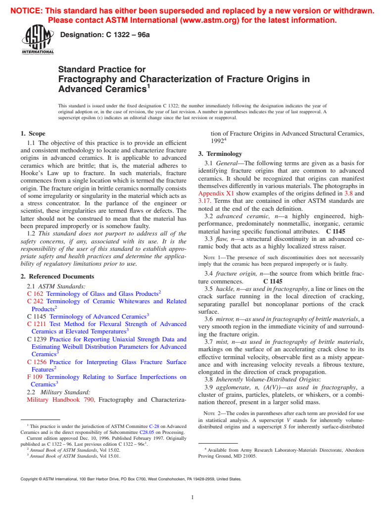 ASTM C1322-96a - Standard Practice for Fractography and Characterization of Fracture Origins in Advanced Ceramics