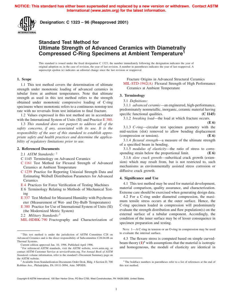 ASTM C1323-96(2001) - Standard Test Method for Ultimate Strength of Advanced Ceramics with Diametrally Compressed C-Ring Specimens at Ambient Temperature