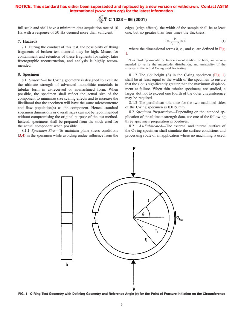 ASTM C1323-96(2001) - Standard Test Method for Ultimate Strength of Advanced Ceramics with Diametrally Compressed C-Ring Specimens at Ambient Temperature