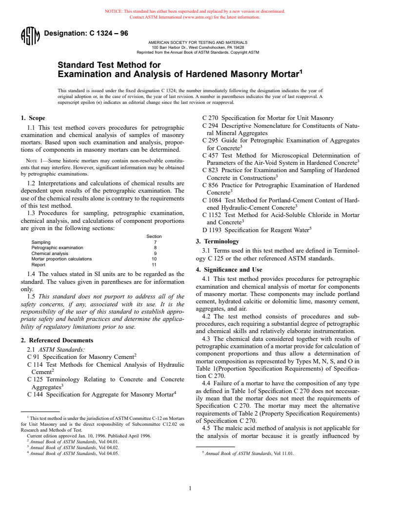 ASTM C1324-96 - Standard Test Method for Examination and Analysis of Hardened Masonry Mortar