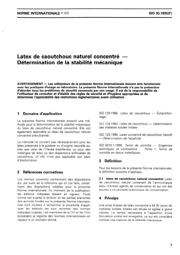 ISO 35:1995 - Latex de caoutchouc naturel concentré -- Détermination de la stabilité mécanique