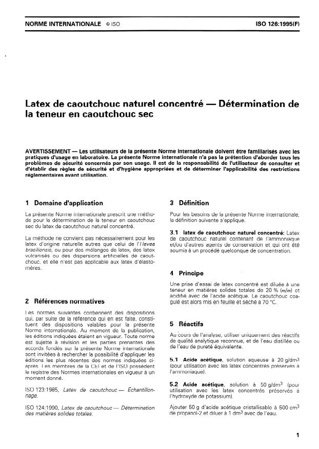 ISO 126:1995 - Latex de caoutchouc naturel concentré -- Détermination de la teneur en caoutchouc sec