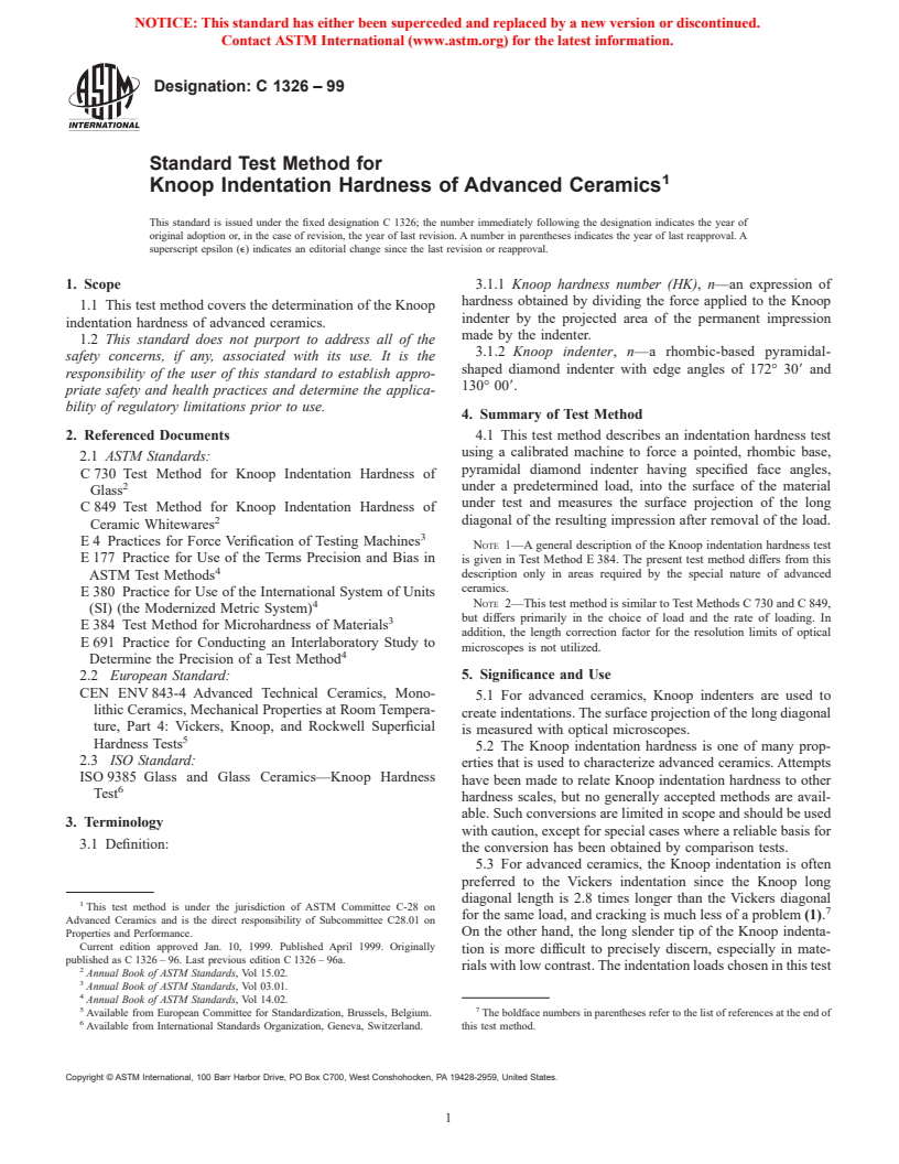 ASTM C1326-99 - Standard Test Method for Knoop Indentation Hardness of Advanced Ceramics