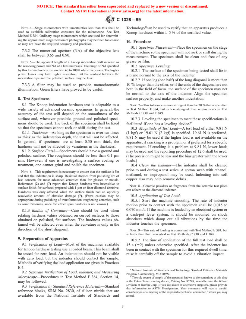 ASTM C1326-99 - Standard Test Method for Knoop Indentation Hardness of Advanced Ceramics