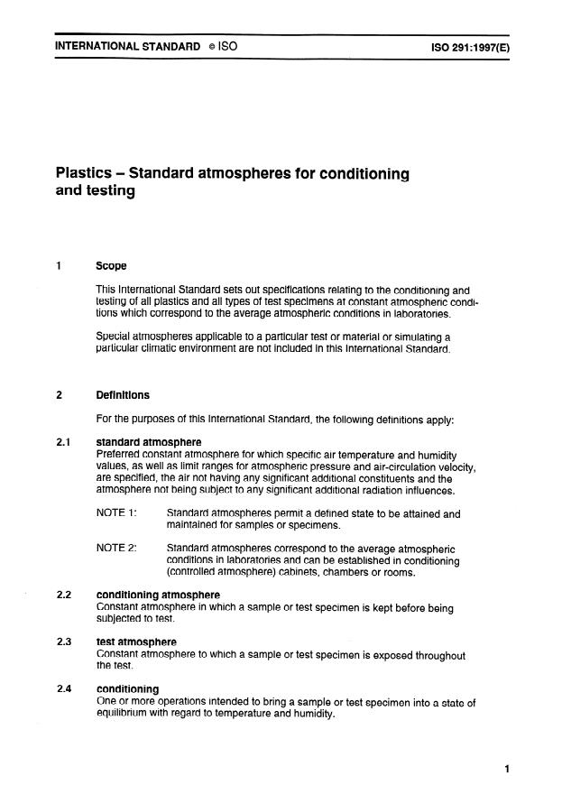 ISO 291:1997 - Plastics -- Standard atmospheres for conditioning and testing