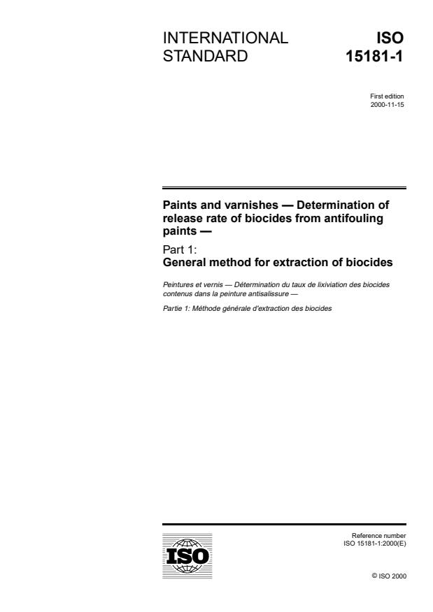 ISO 15181-1:2000 - Paints and varnishes -- Determination of release rate of biocides from antifouling paints
