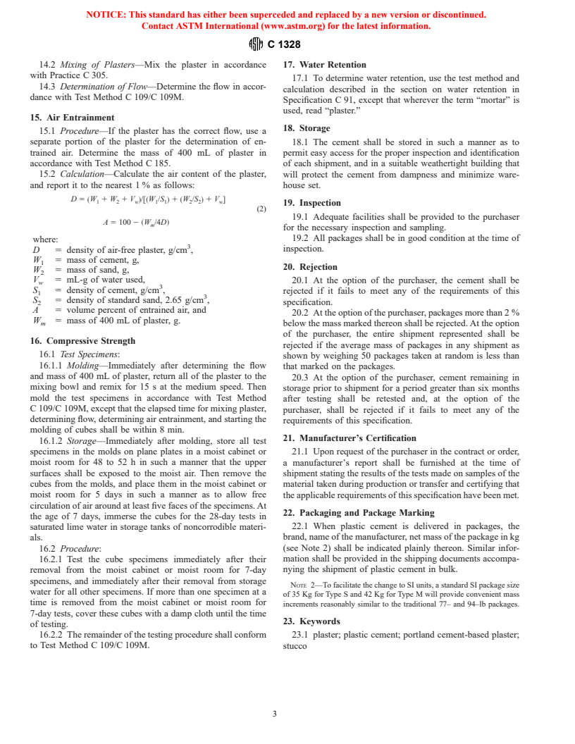 ASTM C1328-00 - Standard Specification for Plastic (Stucco) Cement