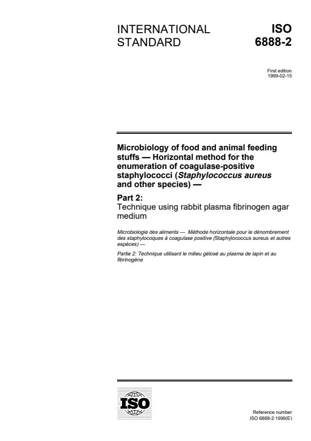 ISO 6888-2:1999 - Microbiology of food and animal feeding stuffs -- Horizontal method for the enumeration of coagulase-positive staphylococci (Staphylococcus aureus and other species)