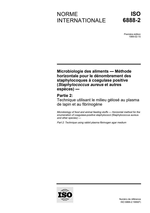 ISO 6888-2:1999 - Microbiologie des aliments -- Méthode horizontale pour le dénombrement des staphylocoques a coagulase positive (Staphylococcus aureus et autres especes)