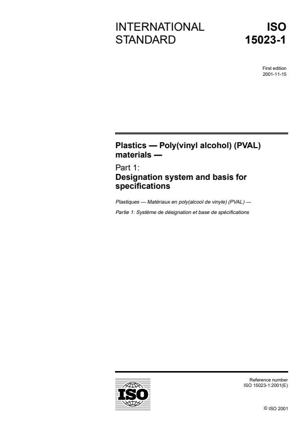 ISO 15023-1:2001 - Plastics -- Poly(vinyl alcohol) (PVAL) materials