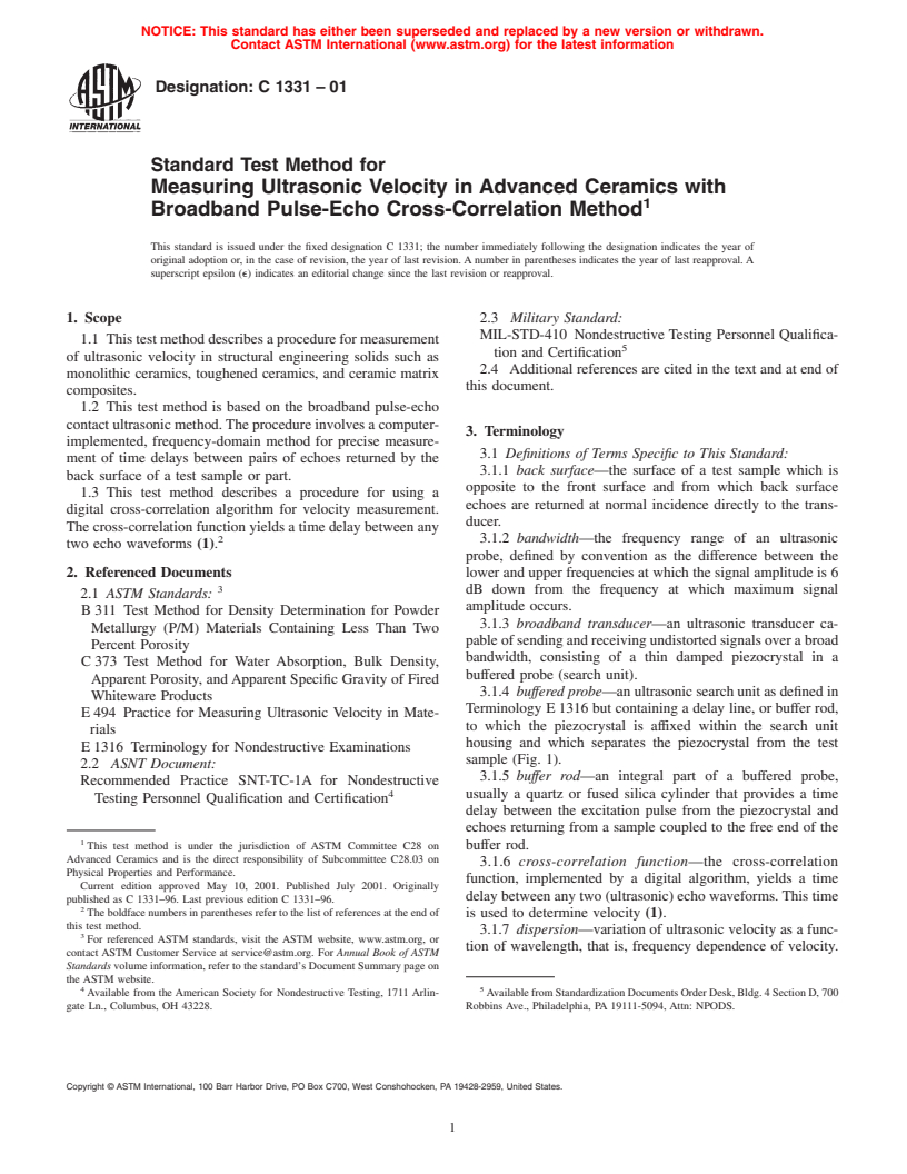 ASTM C1331-01 - Standard Test Method for Measuring Ultrasonic Velocity in Advanced Ceramics with Broadband Pulse-Echo Cross-Correlation Method